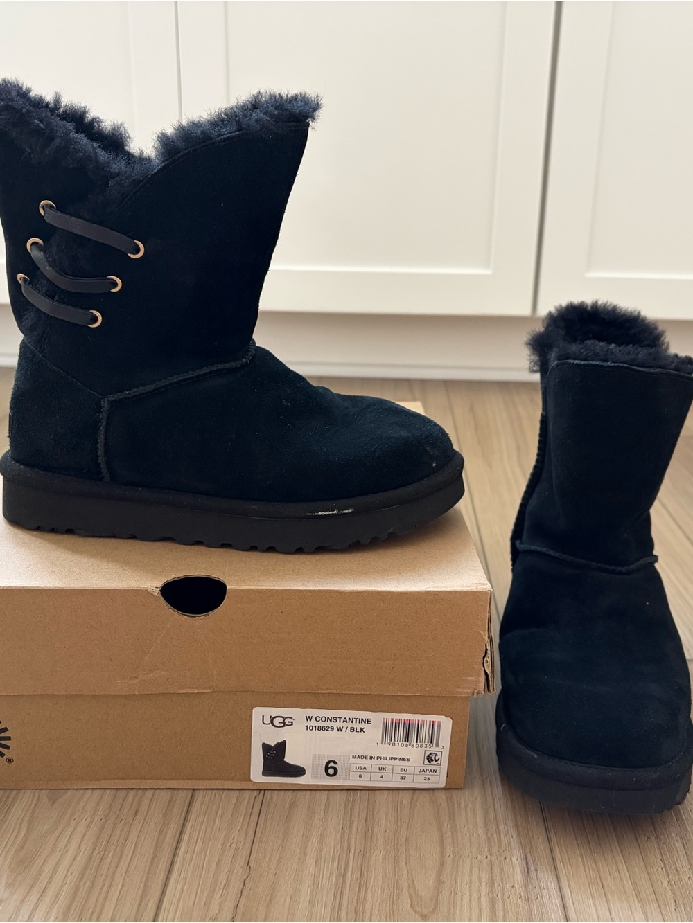 UGG Black Suede Short Shearling Lace-Back Boot
